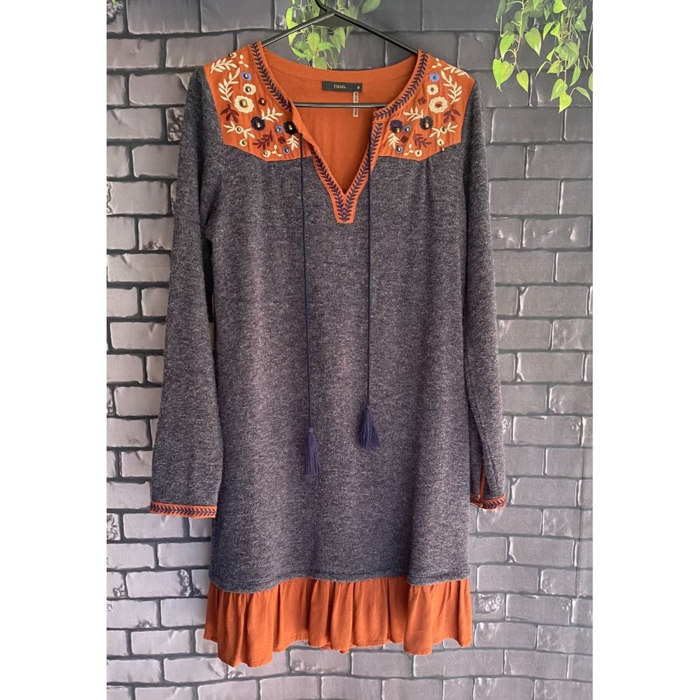 THML Boho Embroidered And Embellished Long Sleeve Dress M